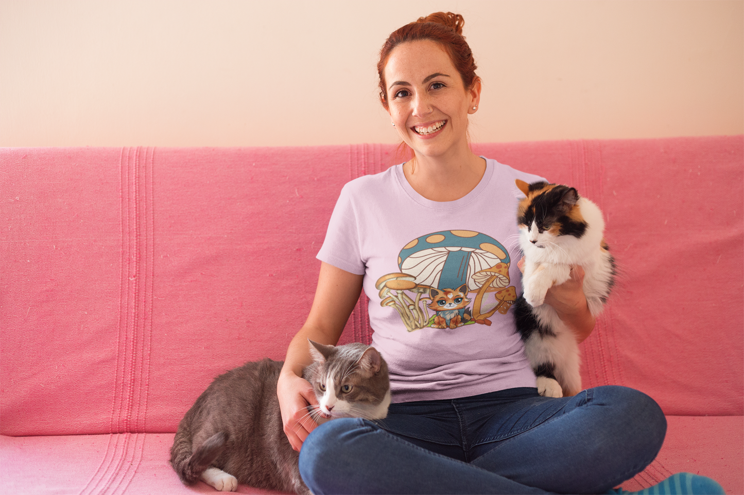 Unisex Garment-Dyed T-shirt, Cat Nestled Under Mushroom