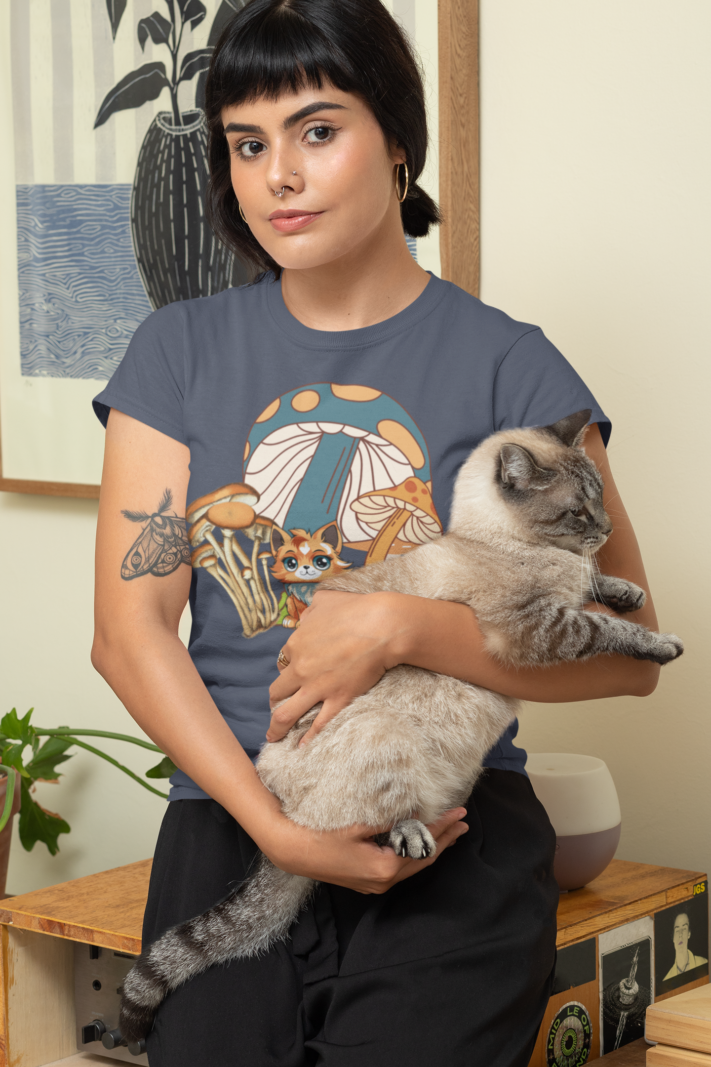 Unisex Garment-Dyed T-shirt, Cat Nestled Under Mushroom